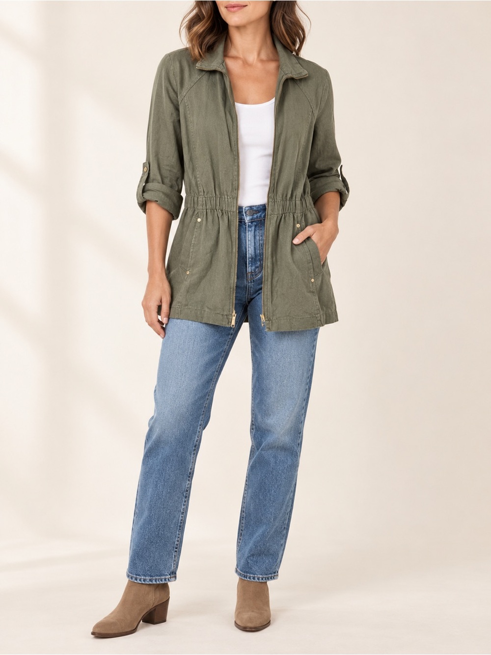 Ellen Tracy Olive Linen Blend Utility Jacket Gold Hardware